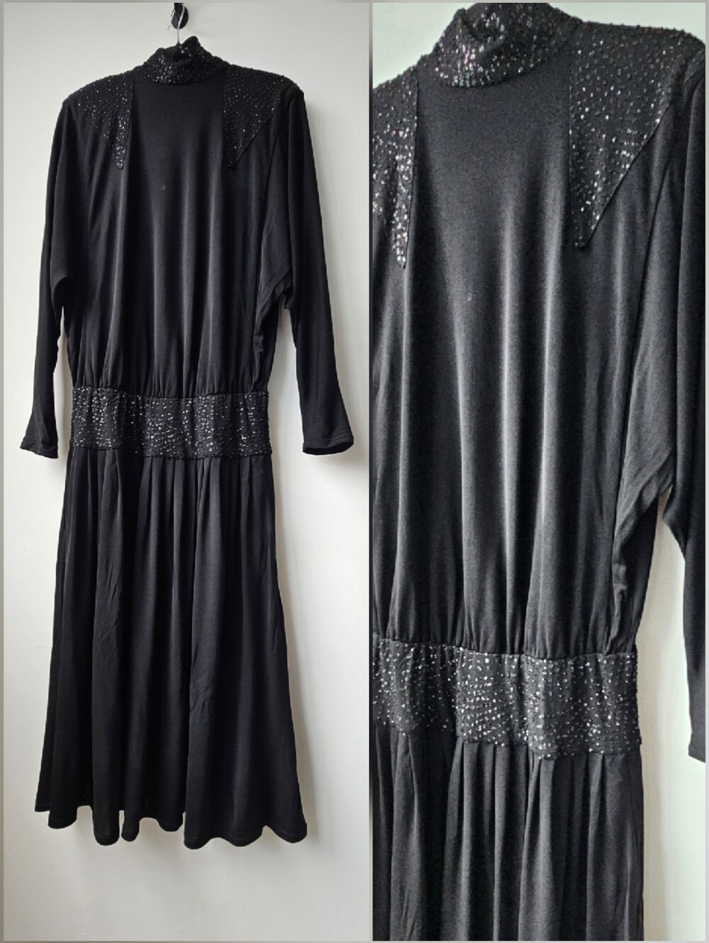 Vintage Louviere Couture Black Batwing Sequin Drop Waist Midi Length Dress